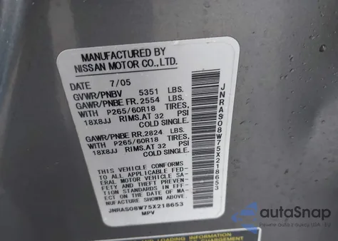 2005 Infiniti Fx35 z USA, uszkodzony, nr VIN JNRAS08W75X218653